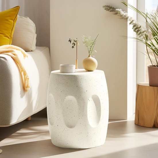Cilindrische salontafel van 100% lichtgewicht beton – elegante, moderne uitstraling in off-white, ideaal voor diverse interieurstijlen zonder montage.
