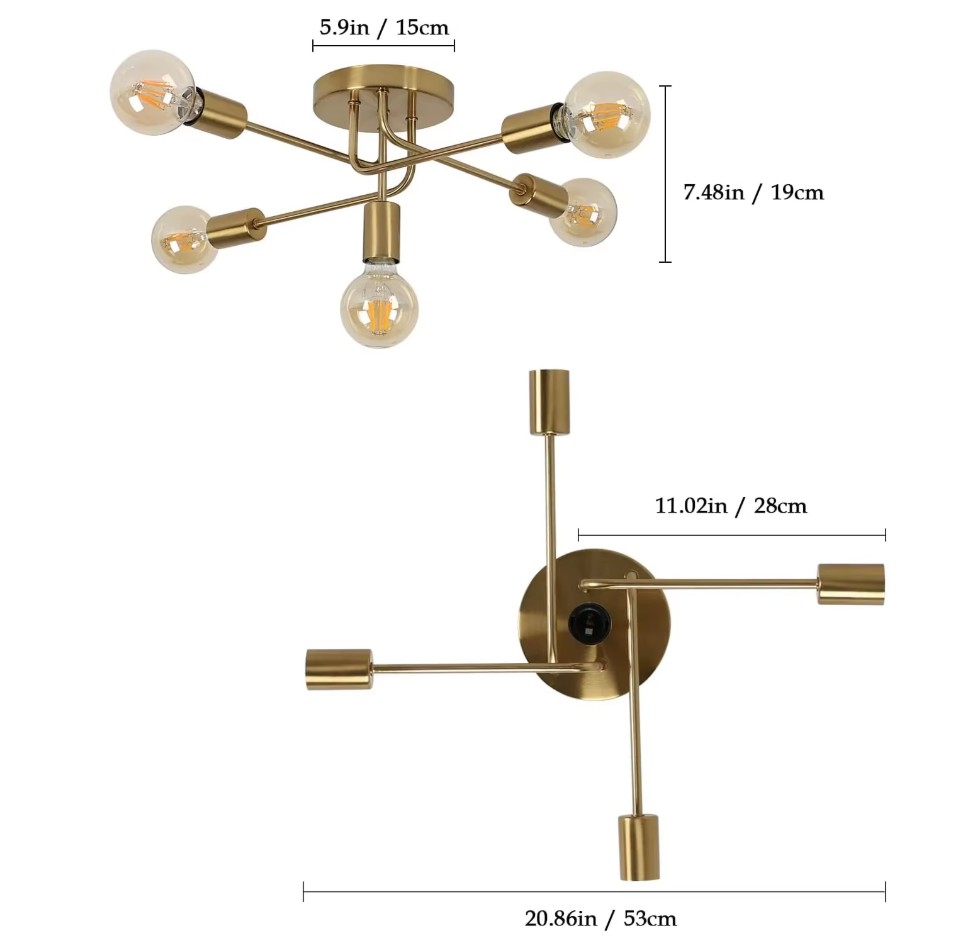 Gouden Industriële Plafondlamp – 5-lichts Retro Design met Verstelbare Armen