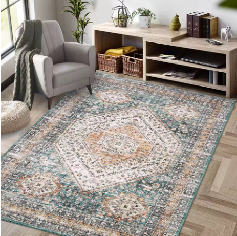 Tapis persan vintage 240 x 340 cm – Motif oriental vert, beige et ocre – Salon et chambre