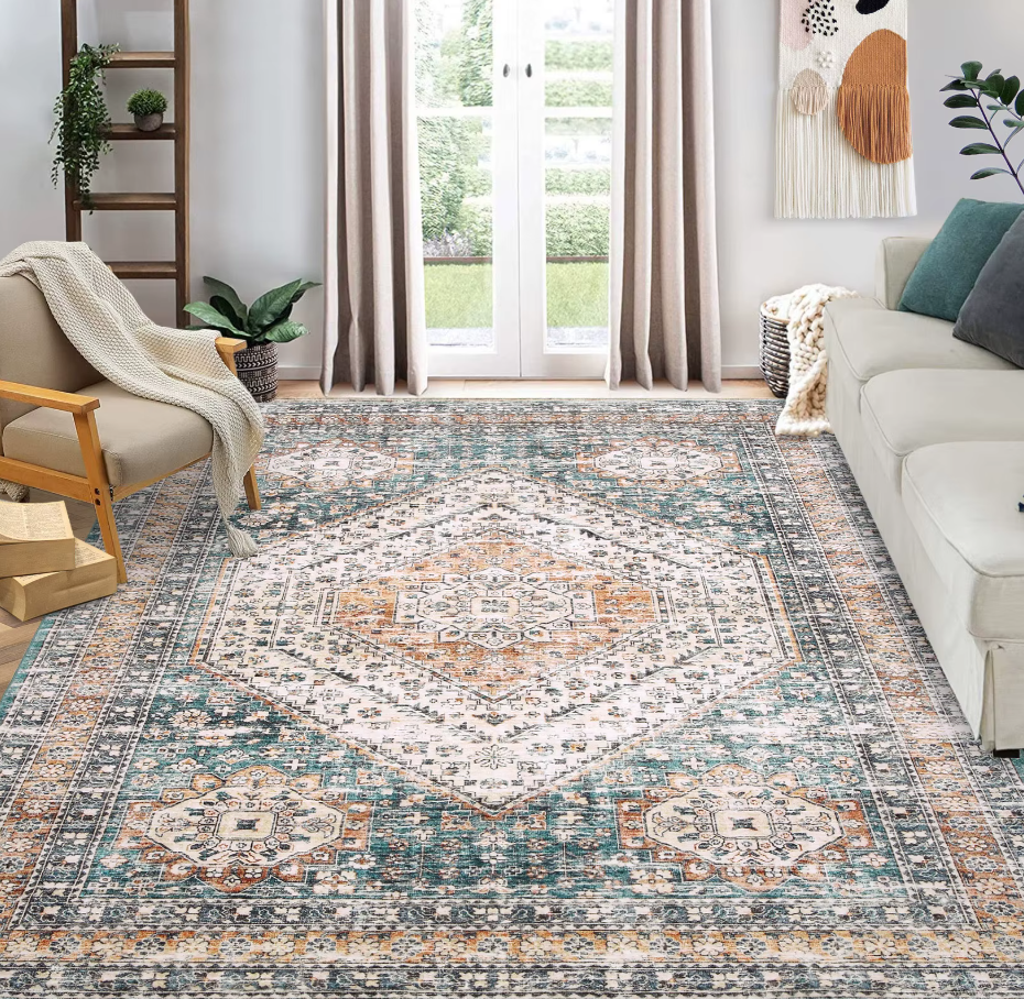 Tapis persan vintage 240 x 340 cm – Motif oriental vert, beige et ocre – Salon et chambre