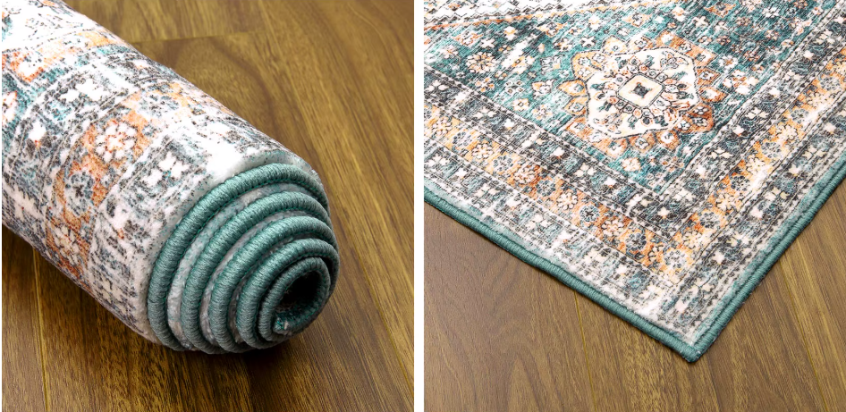 Tapis persan vintage 240 x 340 cm – Motif oriental vert, beige et ocre – Salon et chambre