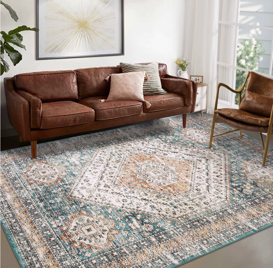 Tapis persan vintage 240 x 340 cm – Motif oriental vert, beige et ocre – Salon et chambre