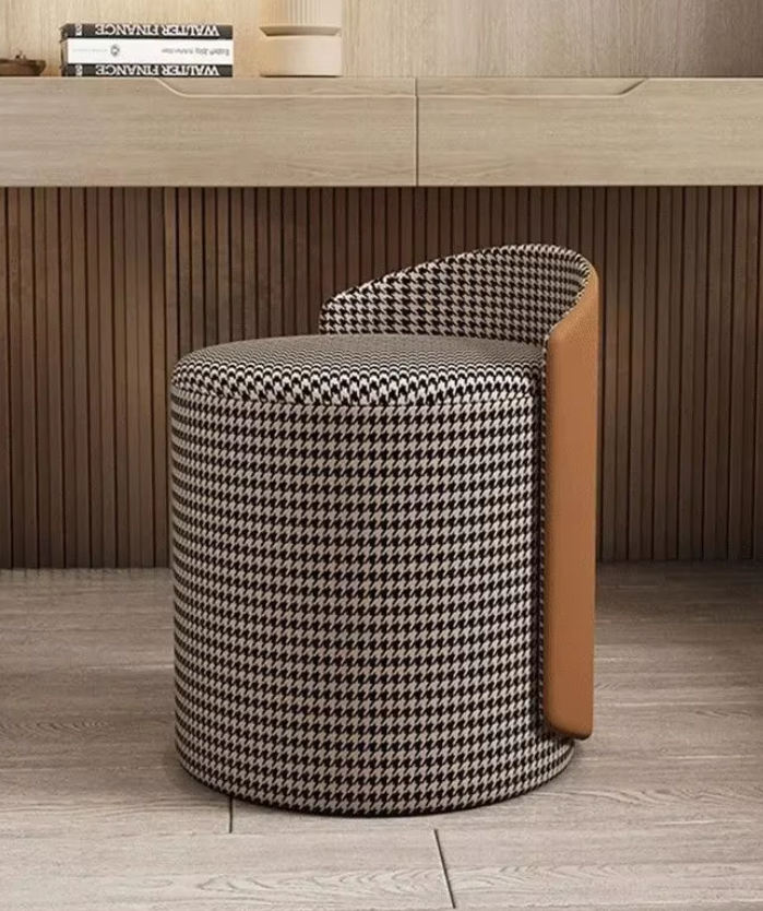 Modern Houndstooth Design Stool with Leather Backrest – Comfortable Makeup Stool & Footstool