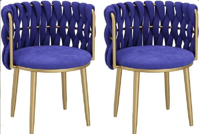 Set of 2 Luxury Designer Chairs – Gold Frame with Braided Velvet Backrest | Modern Dining or Lounge Chairs