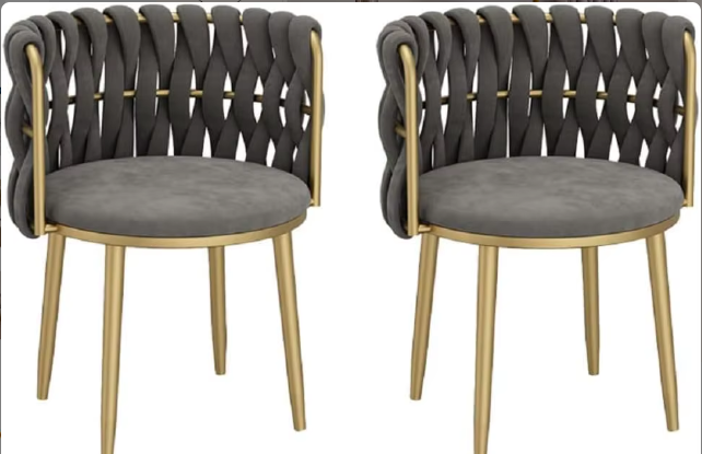 Set of 2 Luxury Designer Chairs – Gold Frame with Braided Velvet Backrest | Modern Dining or Lounge Chairs