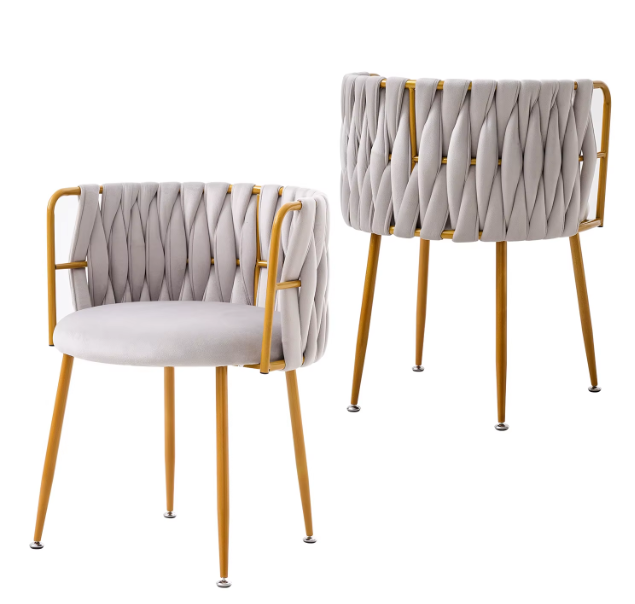 Set of 2 Luxury Designer Chairs – Gold Frame with Braided Velvet Backrest | Modern Dining or Lounge Chairs