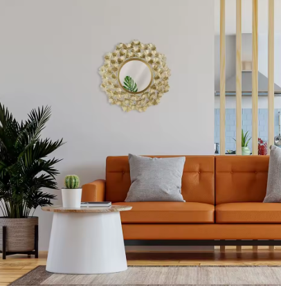 Luxe Gouden Wandspiegel met Ginkgo Bladontwerp – Ø52 cm – Glamour Stijl