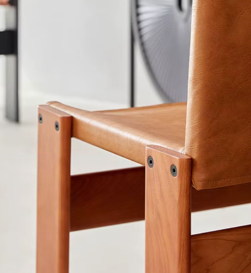 Japanese Retro Dining Chair in Solid Wood with Oil Wax Leather – Designer Monk Chair
