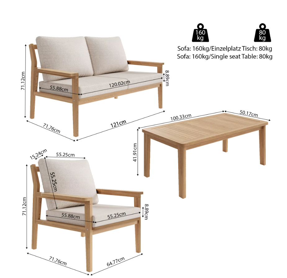 4-delige Massief Houten Loungeset – Luxe Tuinmeubelen met Kussens en Tafel – Duurzaam & Stijlvol voor Buiten