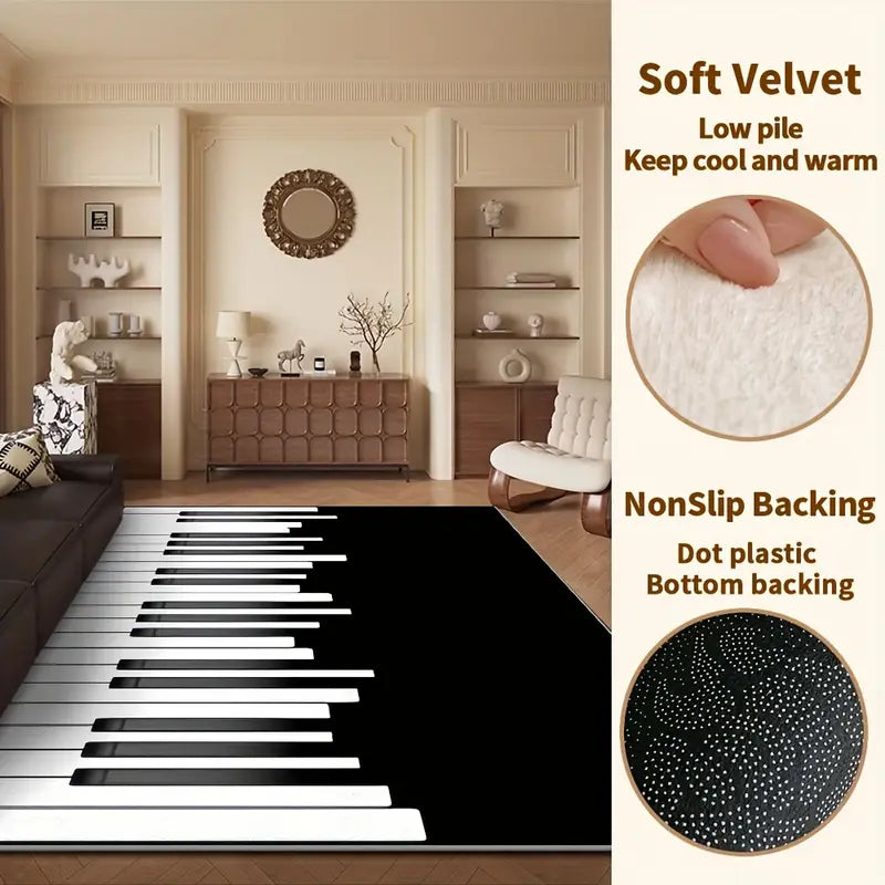 Tapis design piano - 850 g/m², lavable, motif piano géométrique moderne noir et blanc, ultra doux à poils ras avec envers antidérapant - Un accroche-regard exclusif pour le salon, la chambre et le bureau
