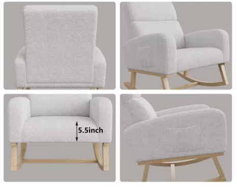 Anajqaqia Schommelstoel – Gestoffeerde Fauteuil met Opbergvakken – Lamswol, Lichtgrijs