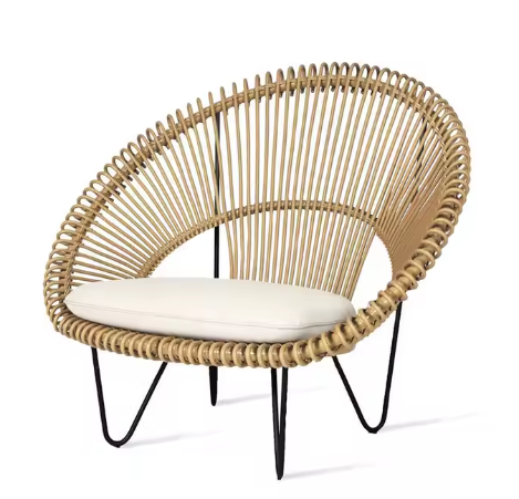 Round Rattan Lounge Chair with Side Table – Boho Design Chair on Black Metal Legs 105X86X93