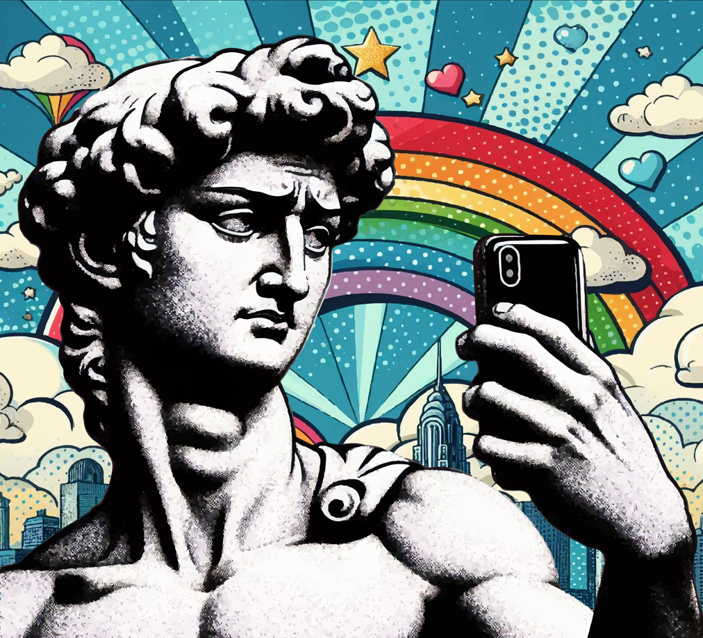 Popart Canvas Wanddecoratie – ‘Selfie David’ – Moderne Kunst met Klassieke Twist – 100x100cm