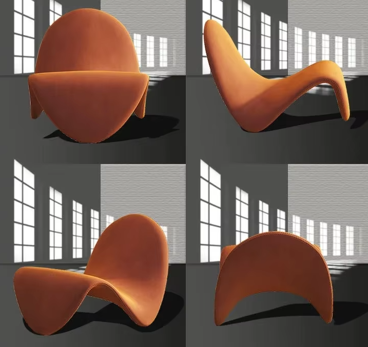 Elegante, moderne fauteuil met tongvormige design en kunstzinnige uitstraling.