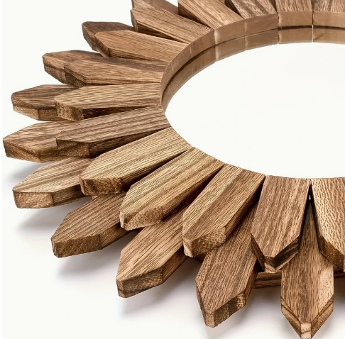 Boheemse Zonnebloem Wandspiegel – 30 cm Ronde Spiegel met Houten Bladframe – Natuurlijke Wanddecoratie