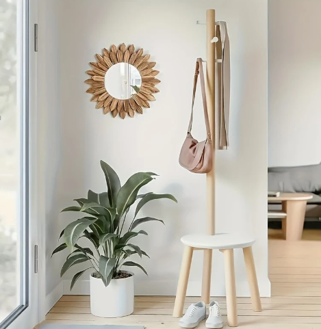 Boheemse Zonnebloem Wandspiegel – 30 cm Ronde Spiegel met Houten Bladframe – Natuurlijke Wanddecoratie