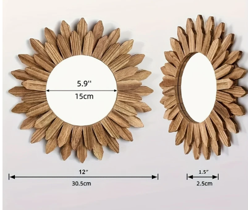 Boheemse Zonnebloem Wandspiegel – 30 cm Ronde Spiegel met Houten Bladframe – Natuurlijke Wanddecoratie