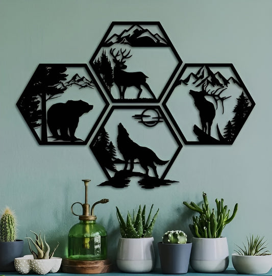 Metalen wanddecoratie industrieel - 4 Delige Geometrische Bosdieren - Eland, Hert, Wolf, Beer in Berg- & Boomscènes - Natuur