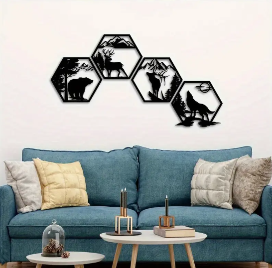 Metalen wanddecoratie industrieel - 4 Delige Geometrische Bosdieren - Eland, Hert, Wolf, Beer in Berg- & Boomscènes - Natuur