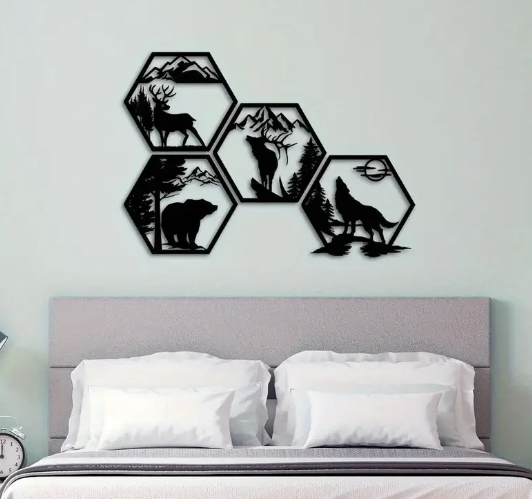Metalen wanddecoratie industrieel - 4 Delige Geometrische Bosdieren - Eland, Hert, Wolf, Beer in Berg- & Boomscènes - Natuur