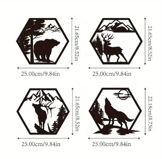 Metalen wanddecoratie industrieel - 4 Delige Geometrische Bosdieren - Eland, Hert, Wolf, Beer in Berg- & Boomscènes - Natuur