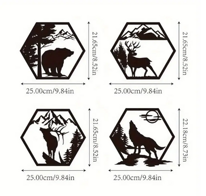 Metalen wanddecoratie industrieel - 4 Delige Geometrische Bosdieren - Eland, Hert, Wolf, Beer in Berg- & Boomscènes - Natuur