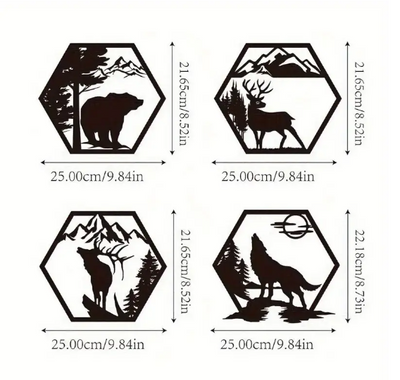 Set van 4 zwarte metalen wandpanelen met dieren – beer, hert, eland en wolf in berg- en boomlandschap – zeshoekige natuurdecoratie van 25 cm breed, perfect voor moderne en industriële interieurs.