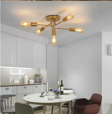 Gouden Industriële Plafondlamp – 5-lichts Retro Design met Verstelbare Armen
