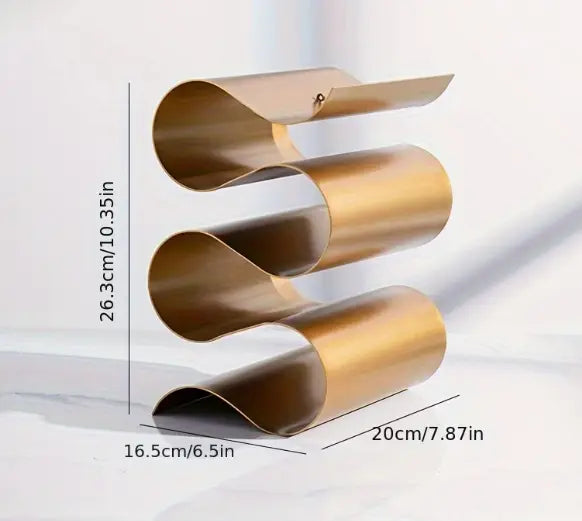 Technische tekening van vrijstaand wijnrek met golvend metalen design en drie verticale boogvormige houders; toont afmetingen in centimeters en inches voor hoogte (26,3 cm), breedte (16,5 cm) en diepte (20 cm), geschikt voor moderne keuken, bar of interieur