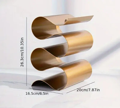 Technische tekening van vrijstaand wijnrek met golvend metalen design en drie verticale boogvormige houders; toont afmetingen in centimeters en inches voor hoogte (26,3 cm), breedte (16,5 cm) en diepte (20 cm), geschikt voor moderne keuken, bar of interieur