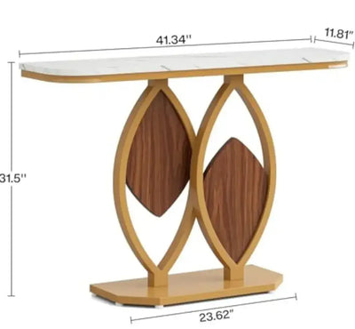 Technische tekening van console tafel met wit marmer-look blad en onderstel in goudkleurig metaal met houten diamantaccenten; toont afmetingen in inches voor hoogte, breedte, diepte en basisbreedte
