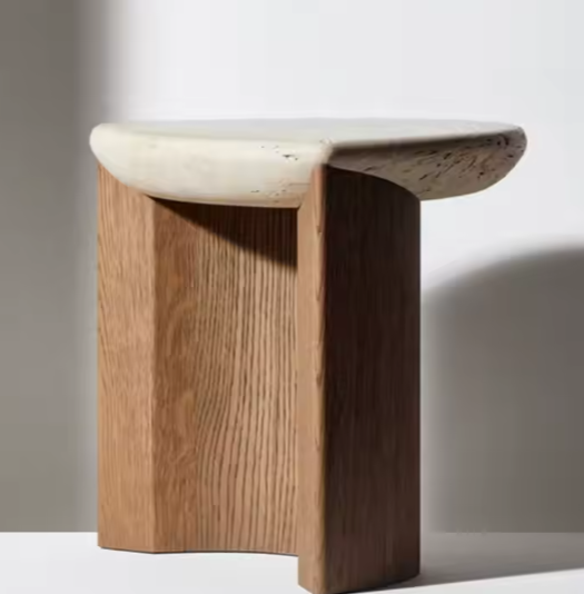 Onregelmatige Ronde Natuursteen Travertijn Kleine Salontafel Massief Houten Tafel Houten Bijzettafel