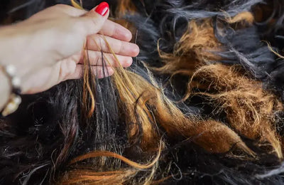 Close-up van een glanzende dierenhuid met golvende haarstructuur in zwart- en bruintinten, vastgehouden door een hand met rode nagellak