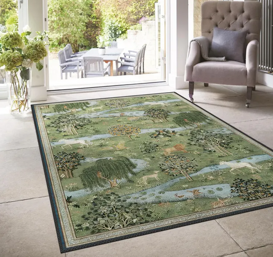 Groen Vloerkleed Maatwerk – Wasbaar Antislip Tapijt met natuur en dieren | Turks Vintage Design | Gezellige Huisdecoratie 220x300cm