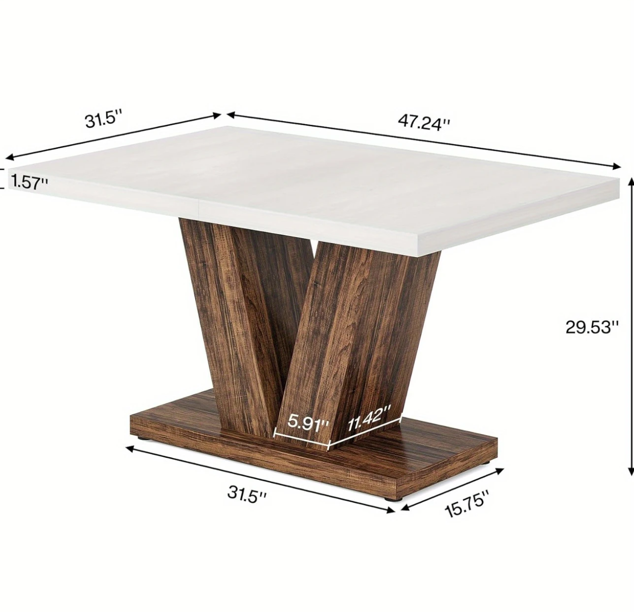 Technische tekening met afmetingen van de rechthoekige tafel met wit blad en houten V-poot.
Tafelblad: 120 x 80 x 4 cm
Tafelhoogte: 75 cm
Tafelpoot: 80 x 40 cm