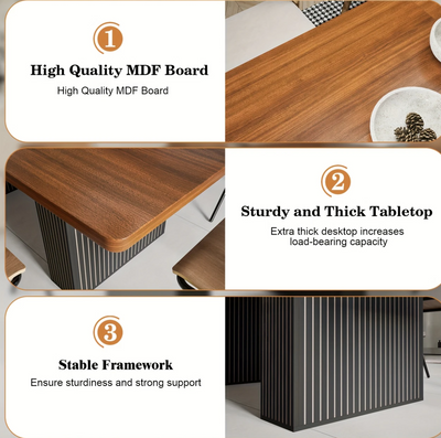 Collage met drie details van de tafel: MDF-blad, dik tafelblad en stabiele structuur.