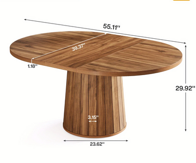 Technische tekening van de ovale eettafel met afmetingen van het tafelblad en de hoogte van de cilinderpoot. Tafel : 140 cm op 100 cm op 76 cm 
Poot: 60 cm breed