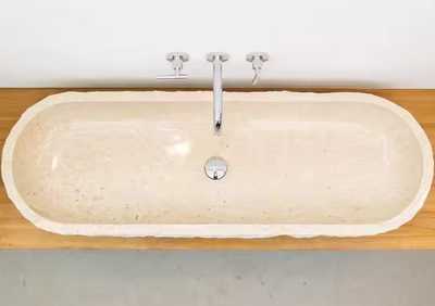Beige Travertin Marmeren Lavabo 120x40x15cm – Natuurlijke Steen – Luxe Badkamer Wastafel – Handgemaakt & Duurzaam