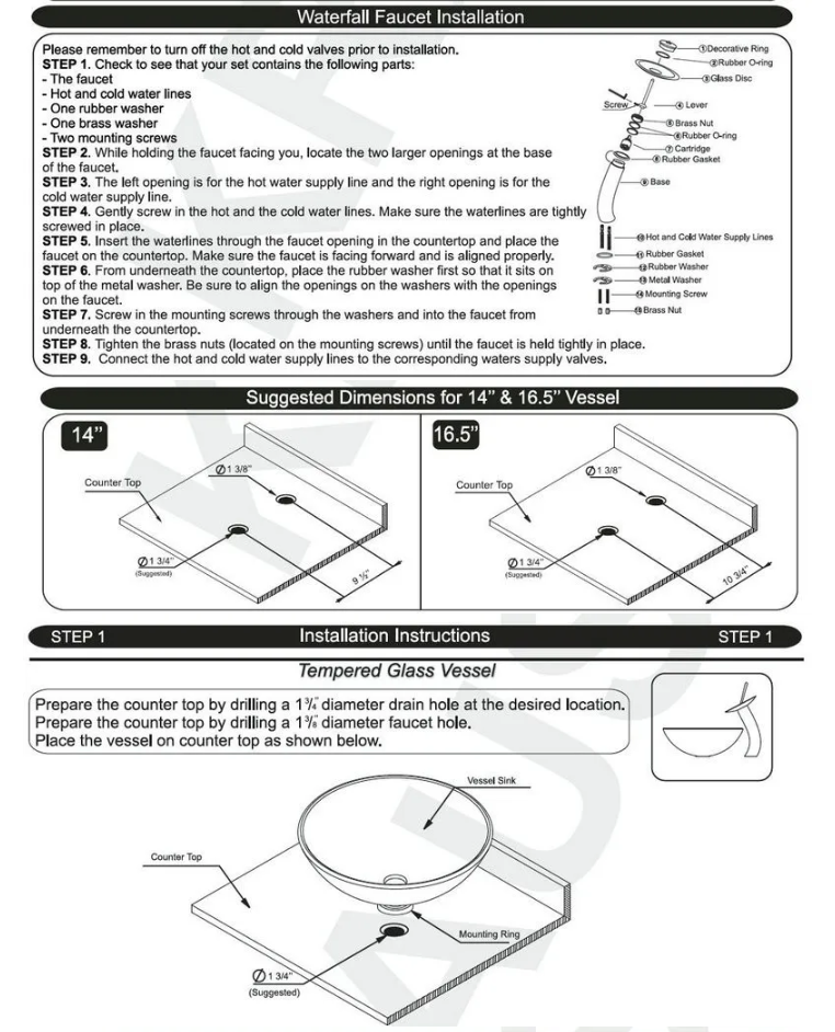 Gedetailleerde instructies voor installatie van wastafel en accessoires.