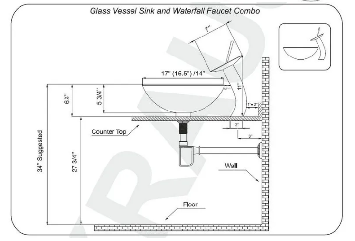 Technische tekening van glazen waskom met afmetingen en installatie-instructies.