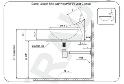 Technische tekening van glazen waskom met afmetingen en installatie-instructies.