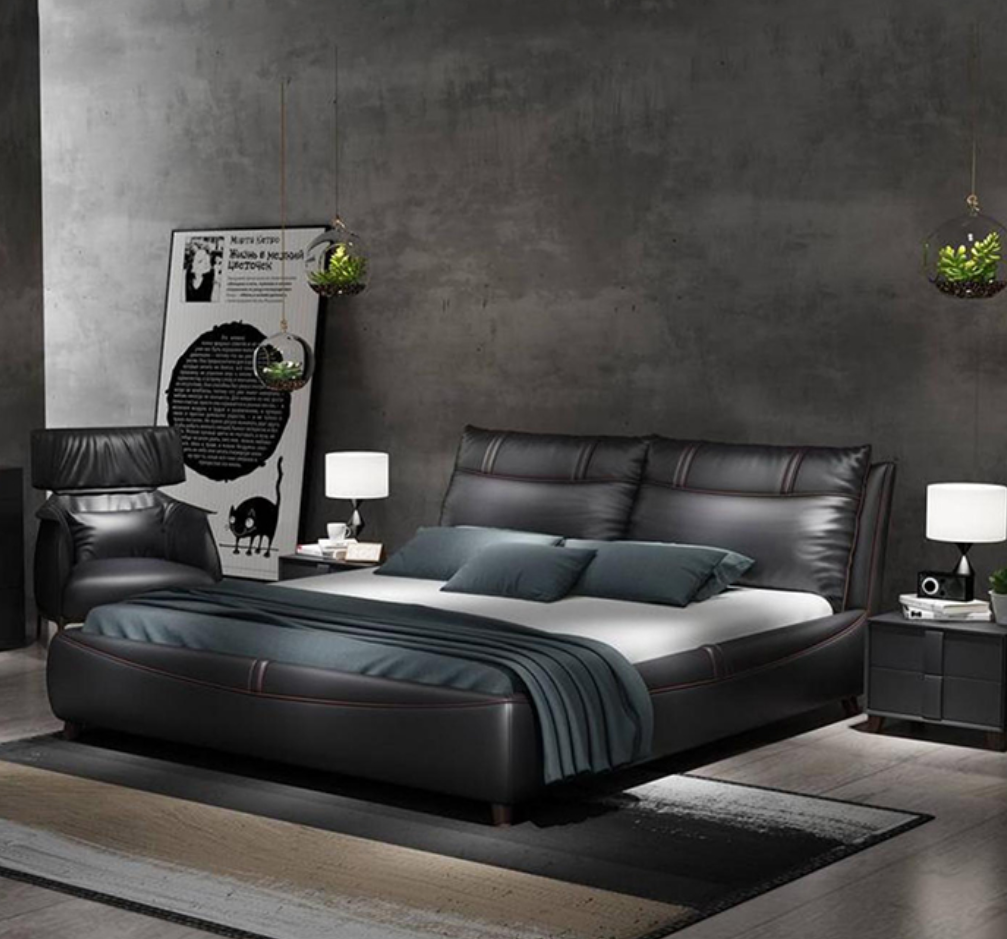 Lit de luxe en cuir noir, confortable et design, 240 x 200 cm, revêtement en cuir souple et confortable, avec cadre de rangement en bois.
