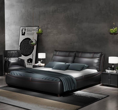 Lit de luxe en cuir noir, confortable et design, 240 x 200 cm, revêtement en cuir souple et confortable, avec cadre de rangement en bois.