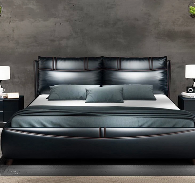 Lit de luxe en cuir noir, confortable et design, 240 x 200 cm, revêtement en cuir souple et confortable, avec cadre de rangement en bois.