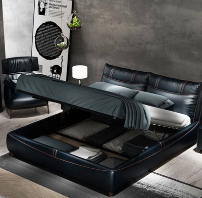 Lit de luxe en cuir noir, confortable et design, 240 x 200 cm, revêtement en cuir souple et confortable, avec cadre de rangement en bois.