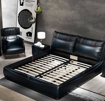 Lit de luxe en cuir noir, confortable et design, 240 x 200 cm, revêtement en cuir souple et confortable, avec cadre de rangement en bois.