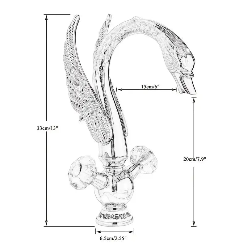 Technische tekening van gouden wastafelkraan in sierlijke zwaanvorm met gebogen hals en gedetailleerde vleugels; toont afmetingen van hoogte (33 cm), tuitlengte (15 cm), breedte (6,5 cm) en uitloophoogte (20 cm), geschikt voor luxueuze badkamerinstallatie