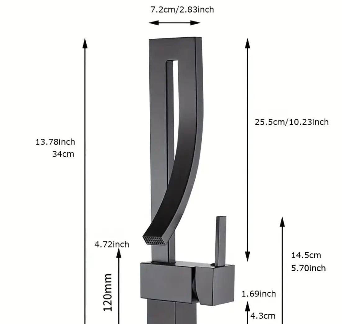 Technische tekening van design wastafelkraan met alle relevante afmetingen in centimeters en inches; toont hoogte, uitlooplengte, hendelgrootte en montagebreedte voor nauwkeurige installatie
