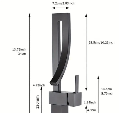 Technische tekening van design wastafelkraan met alle relevante afmetingen in centimeters en inches; toont hoogte, uitlooplengte, hendelgrootte en montagebreedte voor nauwkeurige installatie