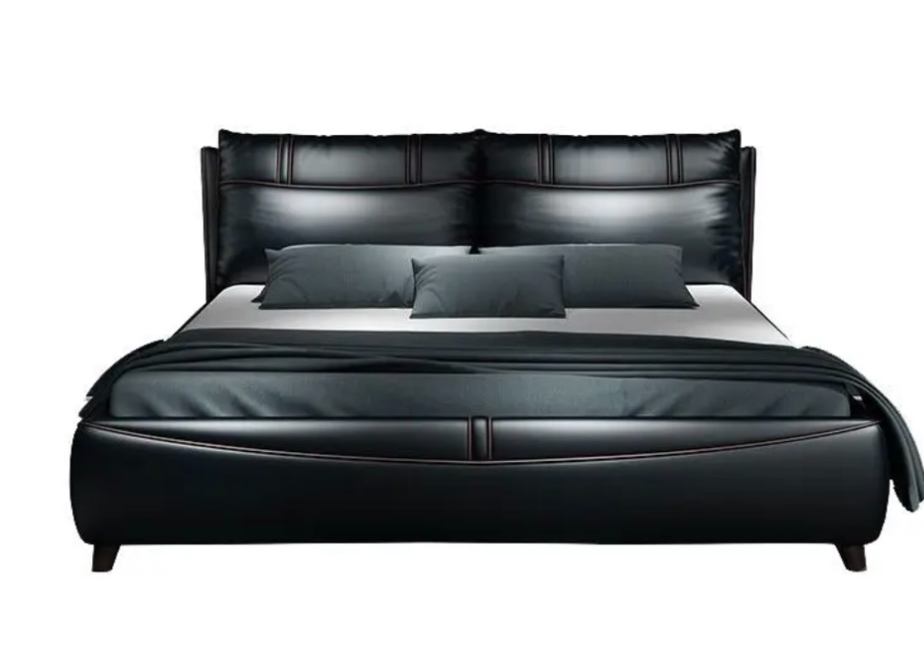 Lit de luxe en cuir noir, confortable et design, 240 x 200 cm, revêtement en cuir souple et confortable, avec cadre de rangement en bois.